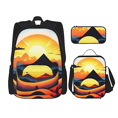 AvImYa Rucksack + Federmäppchen + Lunch-Tasche + Lunch-Tasche Kombination Schultaschen Büchertasche Mädchen Jungen Kinder Studenten leicht langlebig Sonnenaufgang Berg, Schwarz , One size von AvImYa