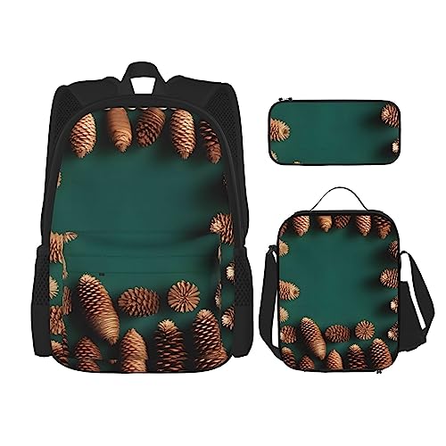 AvImYa Rucksack + Federmäppchen + Lunch-Tasche + Lunch-Tasche Kombination Schultaschen Büchertasche Mädchen Jungen Kinder Studenten leicht langlebig Tannenzapfen Bordüre, Schwarz , Einheitsgröße von AvImYa