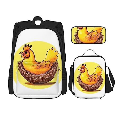 AvImYa Rucksack + Federmäppchen + Lunch-Tasche + Lunch-Tasche Kombination Schultaschen Büchertasche Mädchen Jungen Kinder Studenten leicht langlebig Vogelnest goldenes Huhn, Schwarz , One size von AvImYa