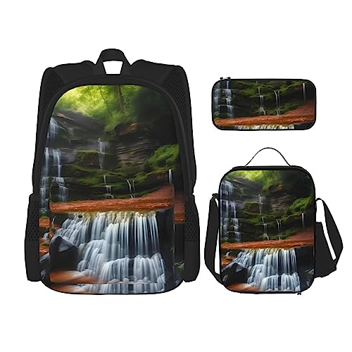 AvImYa Rucksack + Federmäppchen + Lunch-Tasche + Lunch-Tasche Kombination Schultaschen Büchertasche Mädchen Jungen Kinder Studenten leicht langlebig Wasserfall Blick, Schwarz , Einheitsgröße von AvImYa