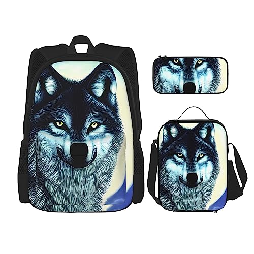 AvImYa Rucksack + Federmäppchen + Lunch-Tasche + Lunch-Tasche Kombination Schultaschen Büchertasche Mädchen Jungen Kinder Studenten leicht langlebig Wolf unter Mond, Schwarz , Einheitsgröße von AvImYa