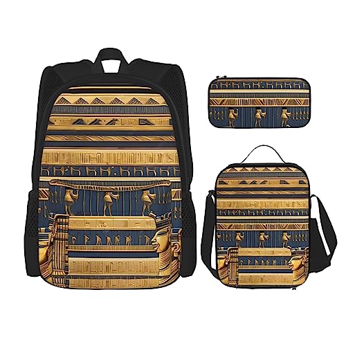 AvImYa Rucksack + Federmäppchen + Lunch-Tasche + Lunch-Tasche Kombination Schultaschen Büchertasche Mädchen Jungen Kinder Studenten leicht langlebig ägyptische pharaonische Fresken, Schwarz , von AvImYa