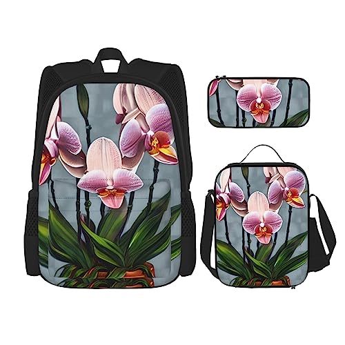 AvImYa Rucksack + Federmäppchen + Lunch-Tasche + Lunch-Tasche Kombination Schultaschen Büchertasche Mädchen Jungen Kinder Studenten leicht langlebig blühende Orchideen, Schwarz , Einheitsgröße von AvImYa