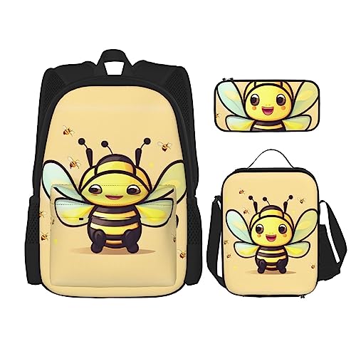AvImYa Rucksack + Federmäppchen + Lunch-Tasche + Lunch-Tasche Kombination Schultaschen Büchertasche Mädchen Jungen Kinder Studenten leicht langlebig gelbe Biene, Schwarz , One size von AvImYa