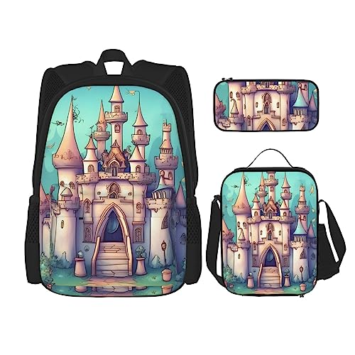 AvImYa Rucksack + Federmäppchen + Lunch-Tasche + Lunch-Tasche Kombination Schultaschen Büchertasche Mädchen Jungen Kinder Studenten leicht langlebig klassisches Schloss, Schwarz , One size von AvImYa