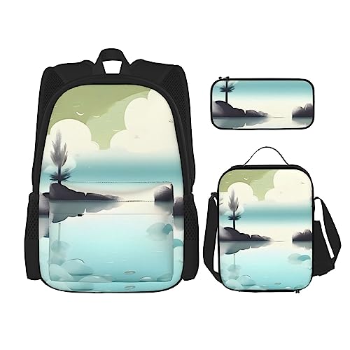 AvImYa Rucksack + Federmäppchen + Lunch-Tasche + Lunch-Tasche Kombination Schultaschen Büchertasche Mädchen Jungen Kinder Studenten leicht langlebig ruhige Seen, Schwarz , One size von AvImYa