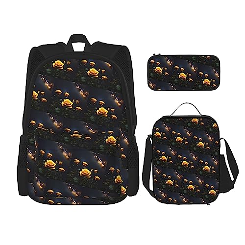 AvImYa Rucksack + Federmäppchen + Lunch-Tasche + Lunch-Tasche Kombination Schultaschen Büchertasche Mädchen Jungen Kinder Studenten leicht langlebig schöne gelbe Rosen, Schwarz , One size von AvImYa