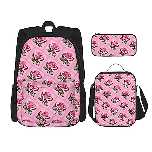 AvImYa Rucksack + Federmäppchen + Lunch-Tasche + Lunch-Tasche Kombination Schultaschen Büchertasche Mädchen Jungen Kinder Studenten leicht langlebig schöne rosa Rosen, Schwarz , One size von AvImYa