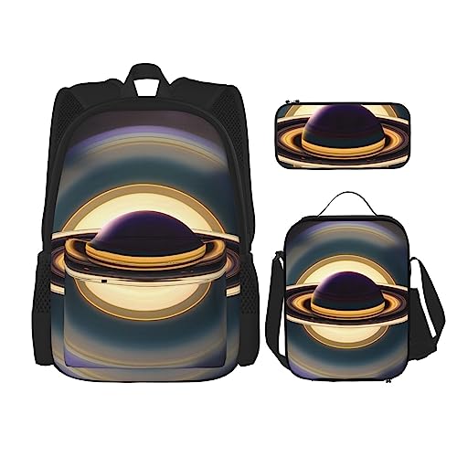 AvImYa Rucksack + Federmäppchen + Lunch-Tasche + Lunch-Tasche Kombination Schultaschen Büchertasche Mädchen Jungen Kinder Studenten leicht langlebig schöner Saturn, Schwarz , Einheitsgröße von AvImYa