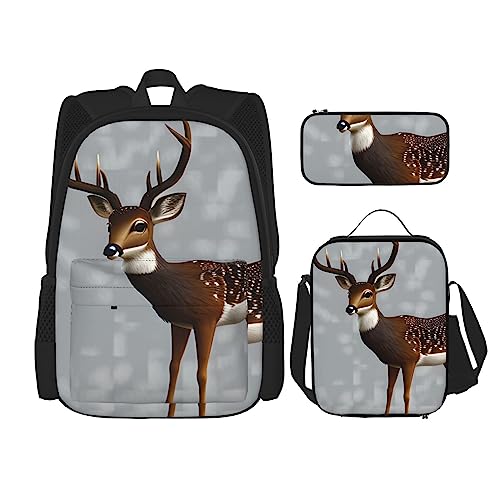 AvImYa Rucksack + Federmäppchen + Lunch-Tasche + Lunch-Tasche Kombination Schultaschen Büchertasche Mädchen Jungen Kinder Studenten leicht strapazierfähig Grau Pflaume Hirsch, Schwarz , Einheitsgröße von AvImYa