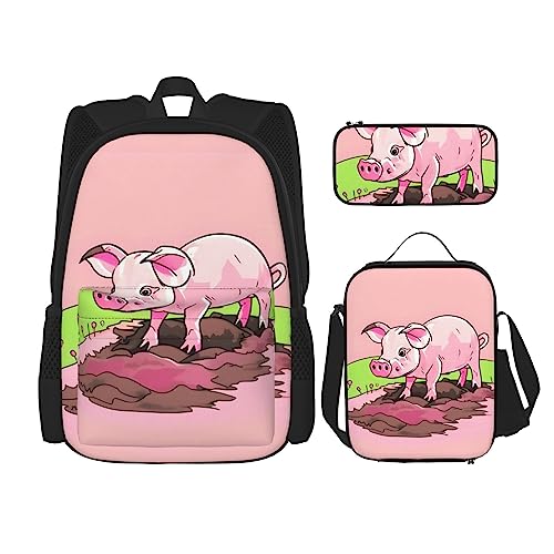 AvImYa Rucksack + Federmäppchen + Lunch-Tasche + Lunch-Tasche Kombination Schultaschen Büchertasche Mädchen Jungen Kinder Studenten leicht strapazierfähig rosa Ferkel, Schwarz , One size von AvImYa