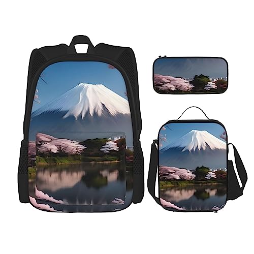 AvImYa Rucksack + Federmäppchen + Lunchtasche Kombination Schultaschen Büchertasche Mädchen Jungen Kinder Studenten Leicht Langlebig Mt. Fuji im Frühjahr, Schwarz , One size von AvImYa