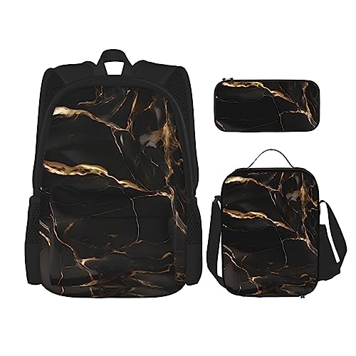 AvImYa Rucksack + Federmäppchen + Lunchtasche Kombination Schultaschen Büchertasche Mädchen Jungen Kinder Studenten Leicht Langlebig Schwarz Gold Marmor, Schwarz , One size von AvImYa