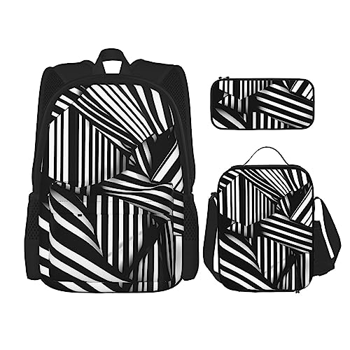 AvImYa Rucksack + Federmäppchen + Lunchtasche Kombination Schultaschen Büchertasche Mädchen Jungen Kinder Studenten leicht langlebig schwarz und weiß geometrische Linien, Schwarz , One size von AvImYa