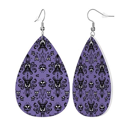 Leder-Ohrringe für Damen und Mädchen, Tropfenform, Blatt, Horror-Muster auf violettem Hintergrund, leichte baumelnde Ohrringe, Schmuckgeschenk von AvImYa