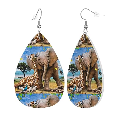 Leder-Ohrringe für Damen und Mädchen, Tropfenform, Elefant und Giraffen-Druck, leichte baumelnde Ohrringe, Schmuckgeschenk von AvImYa