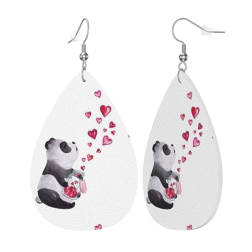 Leder-Ohrringe für Damen und Mädchen, Tropfenform, niedlicher Panda-Herz-Druck, leichte baumelnde Ohrringe, Schmuckgeschenk von AvImYa