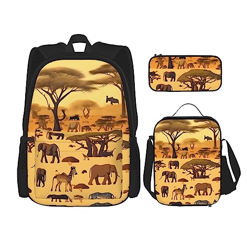 Rucksack + Federmäppchen + Lunch-Tasche + Lunch-Tasche Kombination Schultaschen Büchertasche Mädchen Jungen Kinder Studenten Leicht Langlebig Afrikanische Graslandtiere, Schwarz , One size von AvImYa
