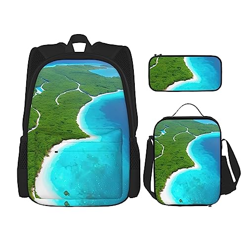 Rucksack + Federmäppchen + Lunch-Tasche + Lunch-Tasche Kombination Schultaschen Büchertasche Mädchen Jungen Kinder Studenten Leicht Langlebig Eine Insel Im Ozean, Schwarz , One size von AvImYa