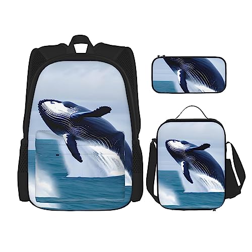 Rucksack + Federmäppchen + Lunch-Tasche + Lunch-Tasche Kombination Schultaschen Büchertasche Mädchen Jungen Kinder Studenten Leicht Langlebig Wale auf See, Schwarz , Einheitsgröße von AvImYa
