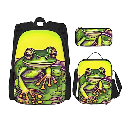 Rucksack + Federmäppchen + Lunch-Tasche + Lunch-Tasche Kombination Schultaschen Büchertasche Mädchen Jungen Kinder Studenten leicht langlebig Frosch im Teich, Schwarz , One size von AvImYa
