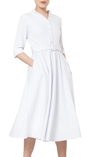 Ava Luke Damen Fit and Flare Tea Midi Kleid mit Knopfleiste für Büro und Arbeit 52 Weiß von Ava Luke