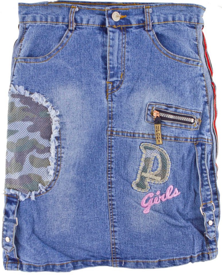 AvaMia Jeansrock Mädchen Jeansrock Rock knielang Denim Style mit Patches Schlaufen Kids Kinder Rock Girl von AvaMia