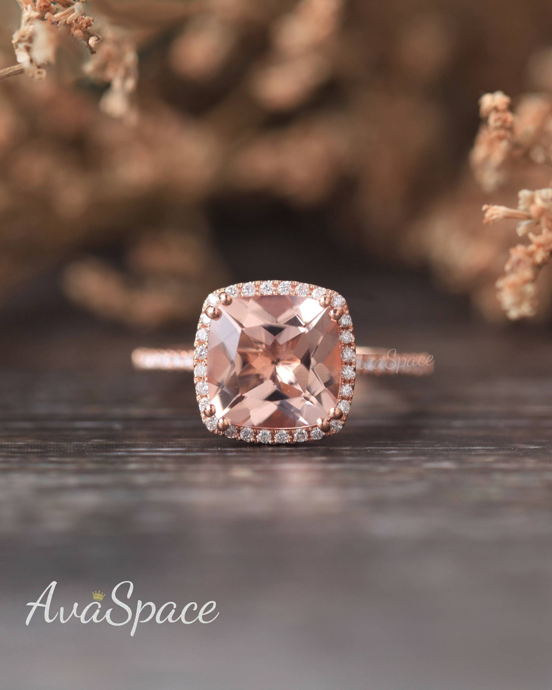 3Ct Morganit Verlobungsring Rosegold Unikat Art Deco Halo Diamant Ring 9mm Kissen Solid 14K Gold Versprechen Ringe Für Frauen von AvaSpace