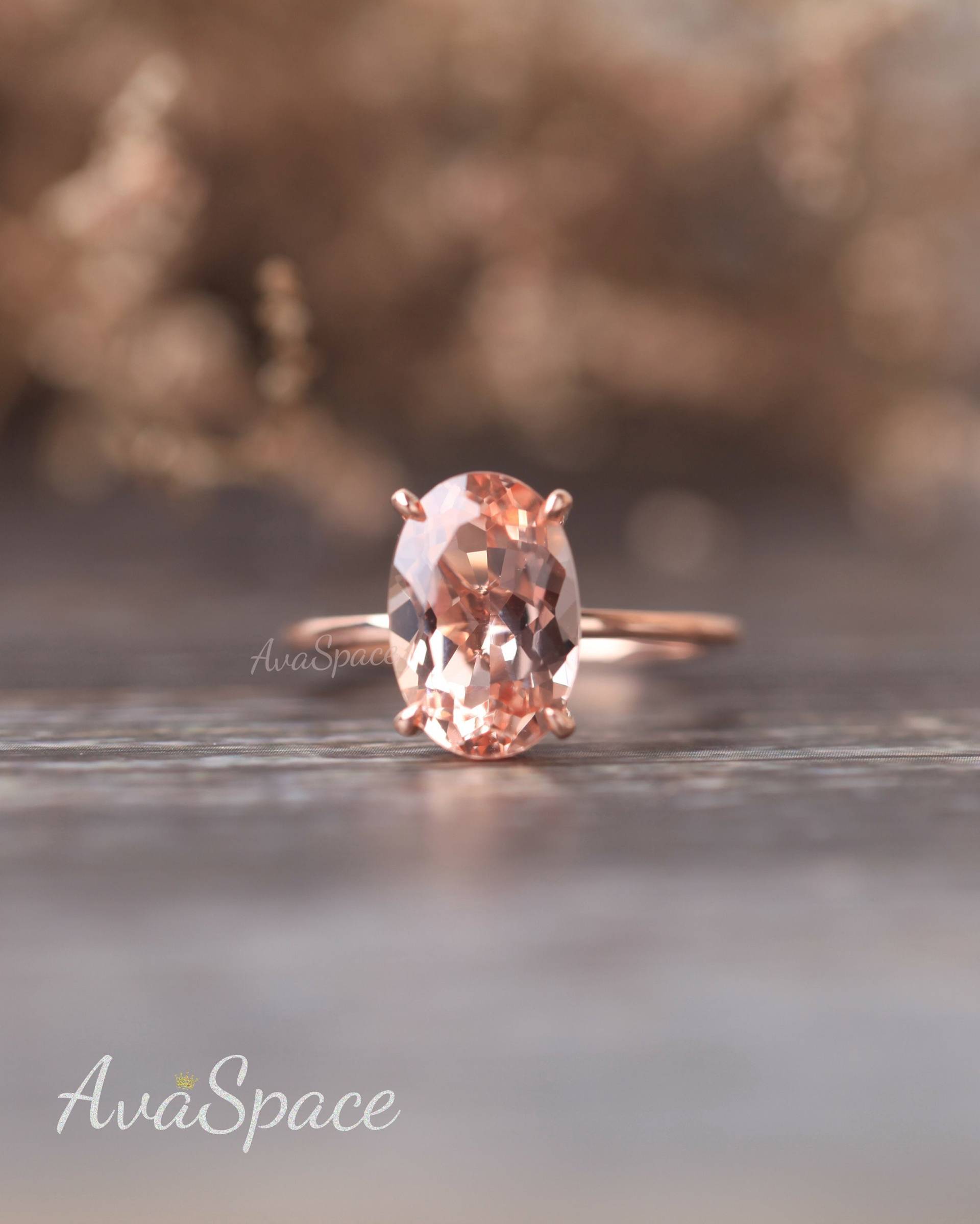 8x12mm Oval Morganit Verlobungsring, 14K Roségold Unikat 3, 4Ct Ring, Versteckter Halo Diamant Ehering, Solitär Versprechensring von AvaSpace