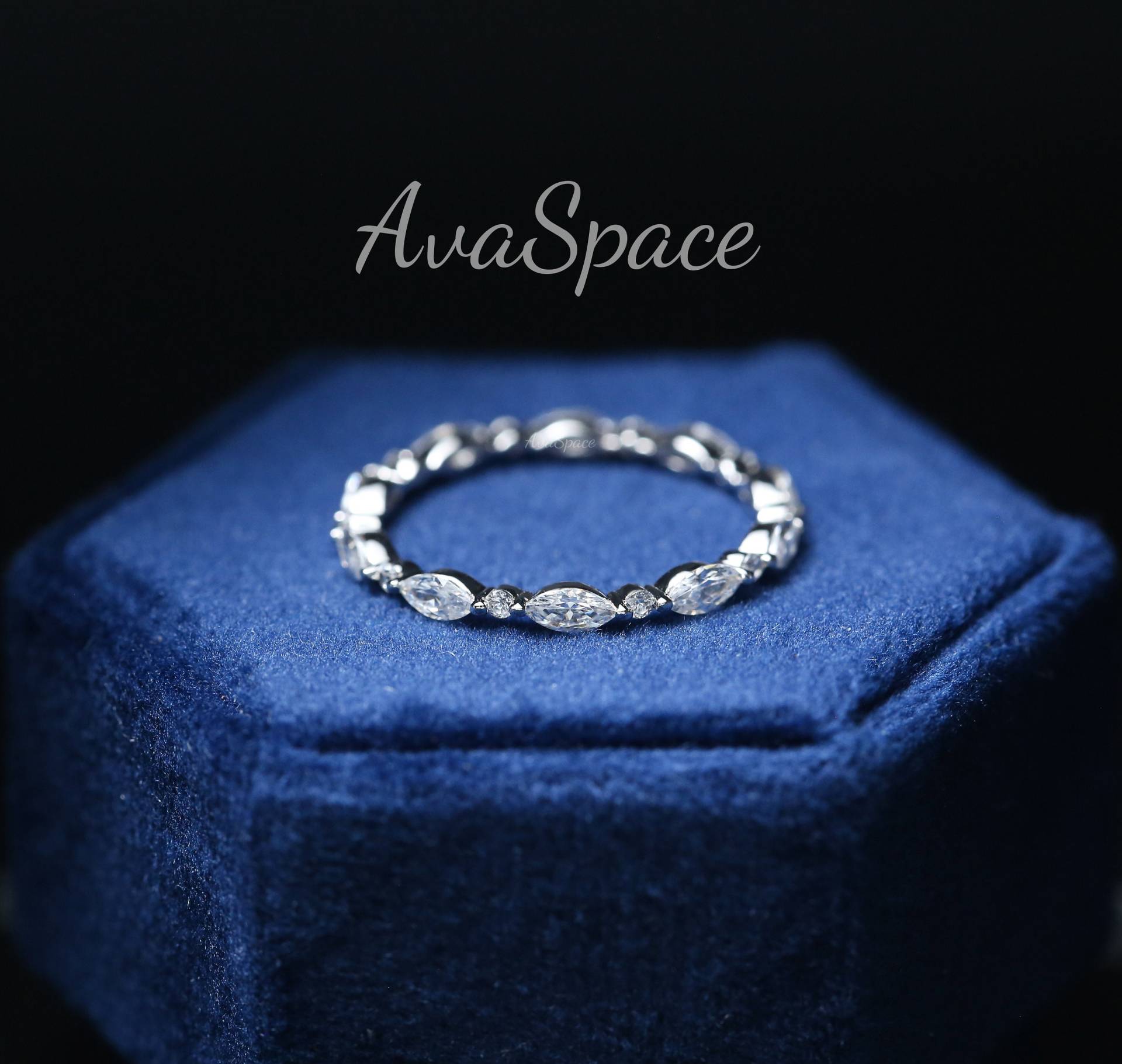 Moissanit Ehering, 14K Weißgold Ring, Rund & Marquise Eheringe Für Frauen, Einzigartiger Versprechen Volle Ewigkeit von AvaSpace
