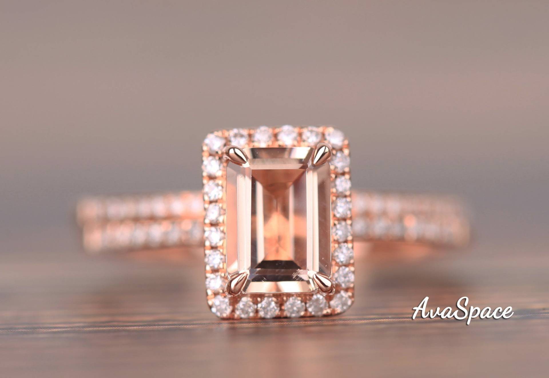 Morganit Verlobungsring Set 14K Rose Gold Ring, Hochzeit Ring Set, 5 X 7 Mm Smaragd Geschnitten Braut Diamant-Ringe Für Frauen von AvaSpace