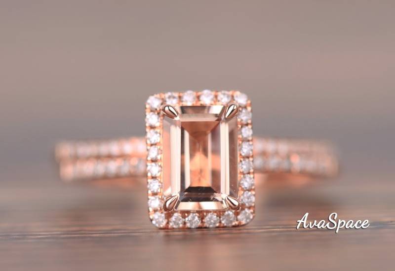 Morganit Verlobungsring Set 14K Rose Gold Ring, Hochzeit Ring Set, 5 X 7 Mm Smaragd Geschnitten Braut Diamant-Ringe Für Frauen von AvaSpace