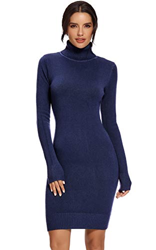 AVACOO Damen Kleider Strick Pulloverkleid Elegant Strickkleid Rollkragen Langarm Tunika Kleid Midikleid Navy M 38 von AVACOO