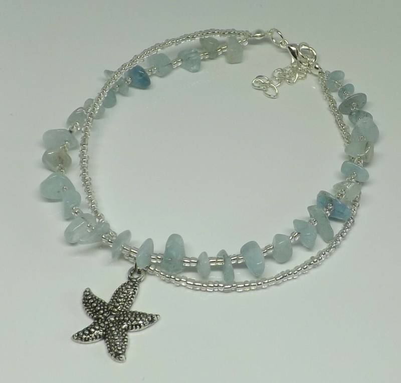 Aquamarin Edelstein Chips Boho Doppelstrang Seestern Charme Fußkettchen Hippy Festival Geschenk Für Sie von AvalonSunsetDesigns