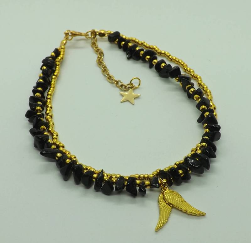 Doppelt Strang Schwarzer Onyx Chips Goldtönen Engel Flügel Fußkettchen Knöchel-Armband von AvalonSunsetDesigns