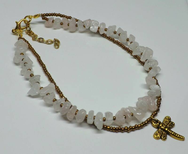 Rosenquarz Goldtönen Libelle Doppelstrang Fußkettchen Knöchel Armband Hippie Boho Rose Quarzedelstein Chips Festival Geschenk Für Sie von AvalonSunsetDesigns