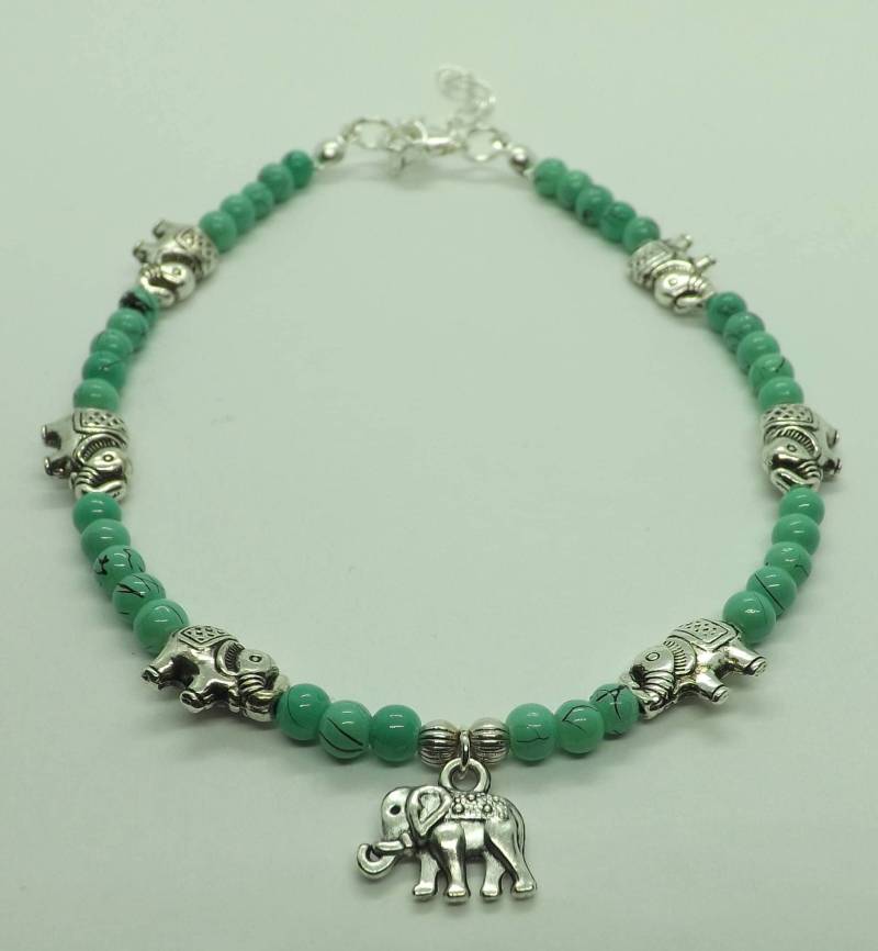 Türkis Glasperlen Silber Elefant Glücksbringer Fußkettchen Strand von AvalonSunsetDesigns