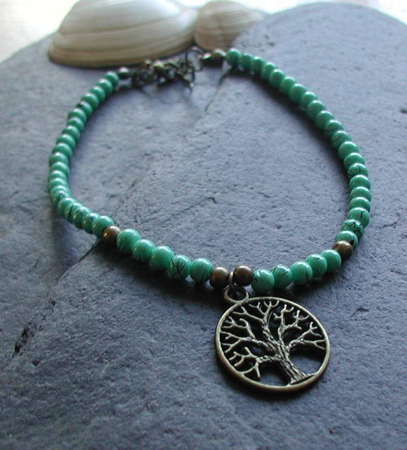 Türkis Perlen Antike Bronze Töne Baum Des Lebens Fußkettchen Knöchel Armband von AvalonSunsetDesigns