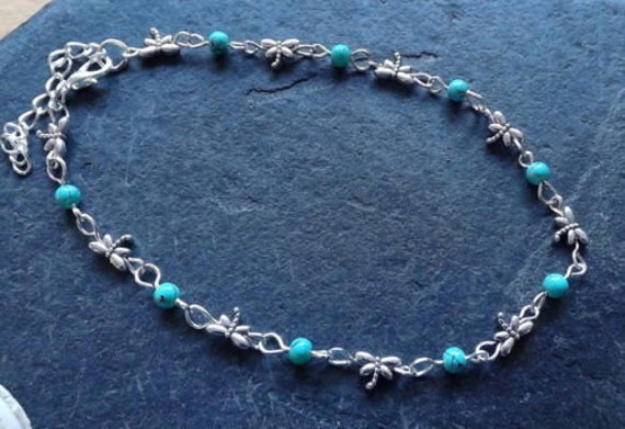 Türkis Perlen Libelle Fußkettchen Knöchel Armband von AvalonSunsetDesigns