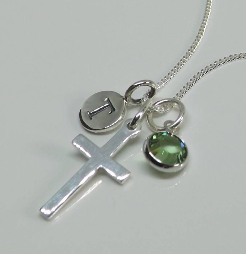 sterling Silber Personalisiert Kreuz Halskette Ursprünglichen Charme Birthstone Anfangs Anhänger Silber-Geschenk Für Sie von AvalonSunsetDesigns