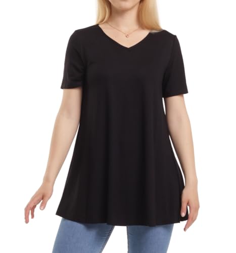 Avamiqamelli Damen Tunika Langarmshirt Elegant Bluse Oberteil für Frauen V Auschnitt av62 Kurzarm Schwarz 52 Reg von Avamiqamelli