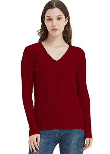 Avancel Damen Pullover V Ausschnitt Strickpullover RIPP Basic Pullover Weinrot M von Avancel