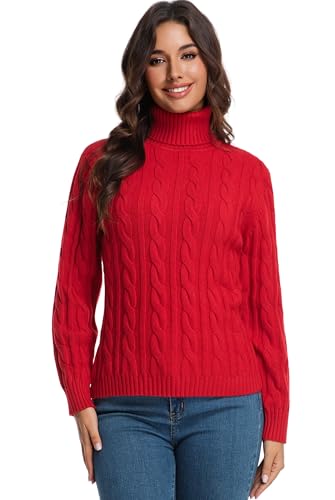 Avancel Damen Rollkragenpullover Zopfmuster Basic Pullover Herbst Winter Warm Strickpullover Elegant Pullover Rot M von Avancel