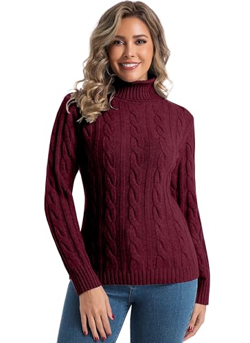 Avancel Damen Rollkragenpullover Zopfmuster Basic Pullover Herbst Winter Warm Strickpullover Elegant Pullover Weinrot S von Avancel
