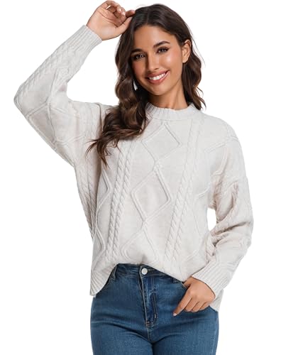 Avancel Damen Rundhals Pullover Zopfmuster Schick Pulli Herbst Winter Warm Strickpullover Elegant Hafer L von Avancel