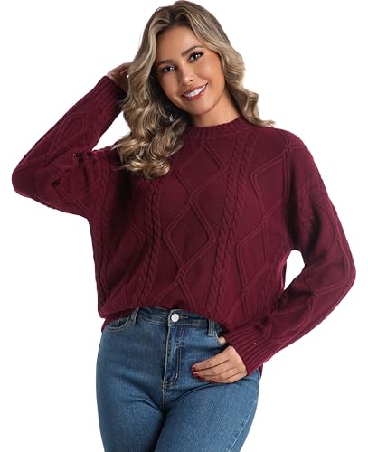 Avancel Damen Rundhals Pullover Zopfmuster Schick Pulli Herbst Winter Warm Strickpullover Elegant Weinrot M von Avancel