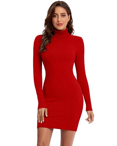 Avancel Damen Strickkleid Winter Kleid Langarm Pulloverkleider Knielang Elegant Rolllkragen Kleidr Herbst 2025 Rot XXL von Avancel