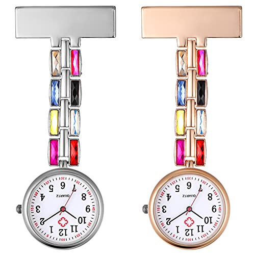 Avaner 2Pcs Krankenschwesteruhr Kristall Pflegeruhr Analog Quarzwerk FOB pulsuhr Ansteckuhr emaille Handwerkskunst golden schwesternuhren mit Pin/Clip Set Arzt Doktor Medical Taschenuhr von Avaner