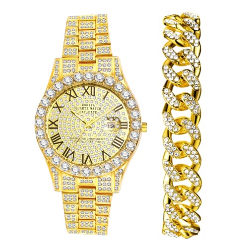 2er Armbanduhr Strasssteine Armband Set: Römische Skala - Kalenderfunktion - Abnehmbares Band - Edelstahl Gold Armband Uhr mit Analog Quarzuhr Wasserdicht für Männer 2er Armbanduhr Strasssteine Armband Set: Römische Skala - Kalenderfunktion - Abnehmbares Band - Edelstahl Gold Armband Uhr mit Analog Quarzuhr Wasserdicht für Männer von Avaner
