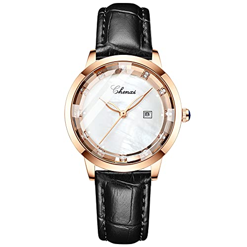 Avaner Armbanduhr Damen Uhr mit Diamant-Skala Kalender Shell Zifferblatt Damenuhr mit Lederband Analog Quarz Uhr für Frauen Geschenke von Avaner